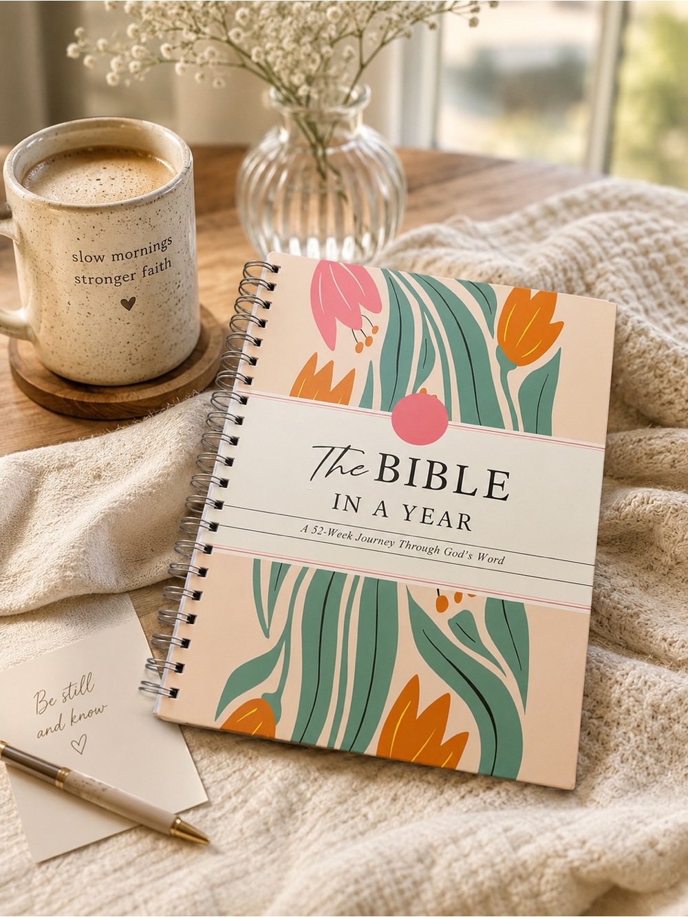 The Bible in a Year Spiral Notebook - Floral Cover (Peach, Green, Orange, Pink) - Picture 1 of 6